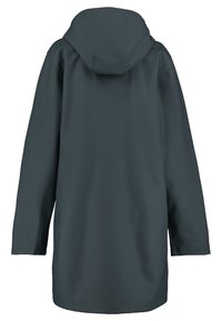 Donkergrijze capuchonjas met lange mouwen, een gladde textuur, en een middellange snit, met een eenvoudige snit en zonder zichtbare hardware of accenten.