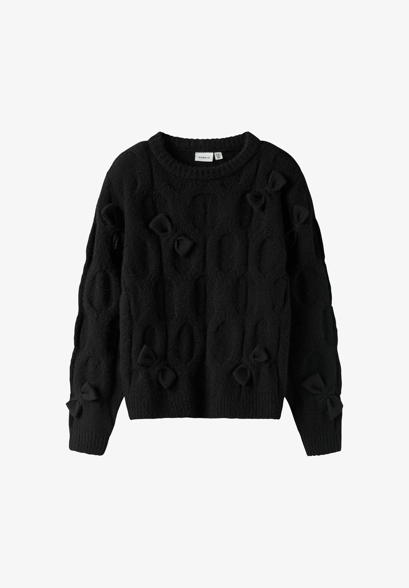 Črna pletena pulover s strukturiranim vzorcem, ki vključuje dvignjene ovalne oblike in mašne. Okrogli ovratnik in dolgi rokavi z rebrastimi manšetami in robom.