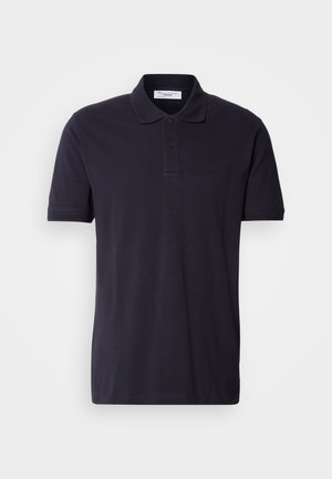 Navy blue polo shirt made of cotton, featuring a collared design, short sleeves, and a subtle logo embroidered on the chest.