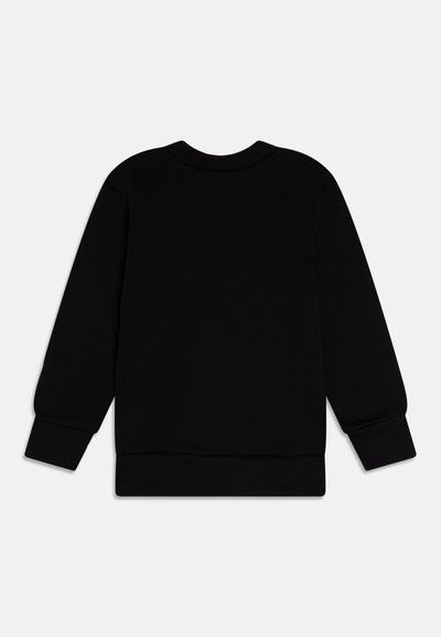 Felpa nera con maniche lunghe, collo rotondo, polsini e orlo a coste, realizzata in morbido misto cotone con una texture liscia, senza pattern visibili.