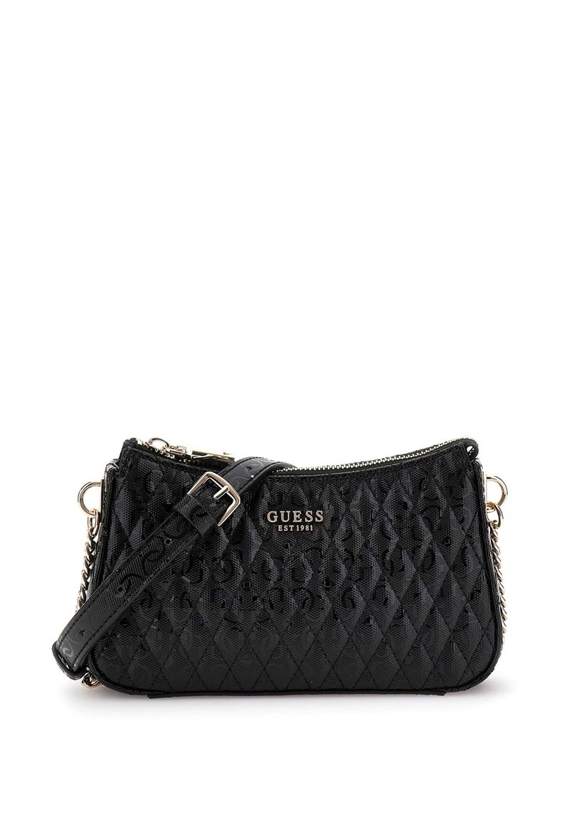 Schwarze gesteppte Handtasche mit Reißverschluss, mit goldenem Logo, verstellbarem Tragegurt und Kettenakzent. Glatte Textur mit Diamantmuster.