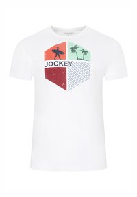 White cotton t-shirt featuring a graphic design with four sections: red with a surfer, green with palm trees, blue wavy lines, and black text.