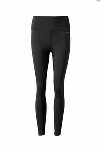 Zwarte leggings van rekbare stof, met een hoge tailleband en een klein logo op de voorkant. Gladde textuur, strakke pasvorm.