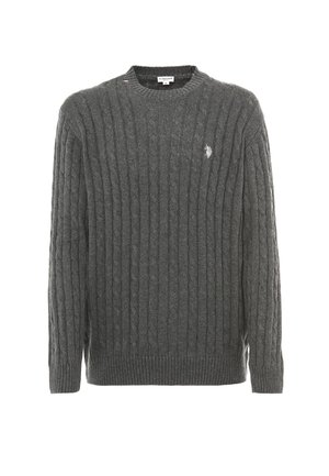 Maglione grigio a maglia con colletto rotondo, polsini e bordo a coste, con un piccolo logo ricamato sul petto.