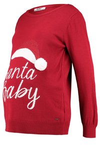 Red knitted maternity sweater featuring "Santa Baby" text, a white Santa hat graphic with pom-pom, and ribbed cuffs.