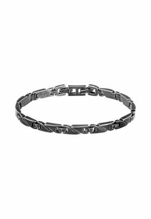 Bracciale in metallo con segmenti collegati a finitura spazzolata, in argento scuro, che presenta forme geometriche e sottili dettagli incisi.