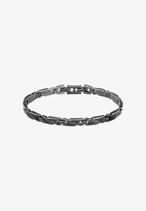 Bracciale in metallo con segmenti collegati a finitura spazzolata, in argento scuro, che presenta forme geometriche e sottili dettagli incisi.