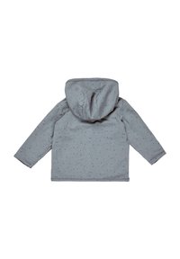 Grauer Kapuzenpullover mit Kapuze, langen Ärmeln und einem gesprenkelten Muster. Besitzt einen weichen, glatten Stoff und gestickte Details an den Rändern.