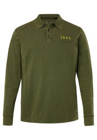 Långärmad polotröja i olivgrön bomull med krage, två knappar och broderad "1880"-logotyp på bröstet.