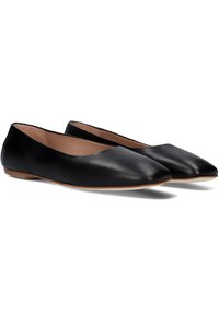Zwarte leren balletschoenen met een puntige neusontwerp en een platte zool. Glad oppervlak met minimale accenten.
