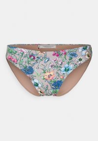 Calções de biquíni florais com um fundo bege claro e padrões de flores coloridas, feitos de tecido elástico. Bordas suaves e um corte de altura média.