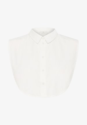 Hvid aftagelig skjortekrave med knaplukning foran og spids krave, designet til at blive båret under trøjer eller jakker.