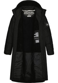 Cappotto imbottito nero con cappuccio, chiusura a zip e morbida fodera interna. Include un'etichetta con testo e un codice QR. Progettato con una silhouette lunga.