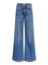 Laiad säärega sinised teksad, valmistatud teksariidest, kõrge vöökohaga, esitaskute, nööpkinnituse ja õrna tuhmi efektiga tekstuuri loomiseks.