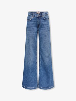 Jeans de pierna ancha en azul, confeccionados en denim, con cintura alta, bolsillos delanteros, cierre de botón y un sutil desgaste para dar textura.