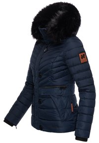 Navy blue puffer jacket with faux fur hood trim, button closure, zippered and patch pockets, textured quilted design, and elastic cuffs.