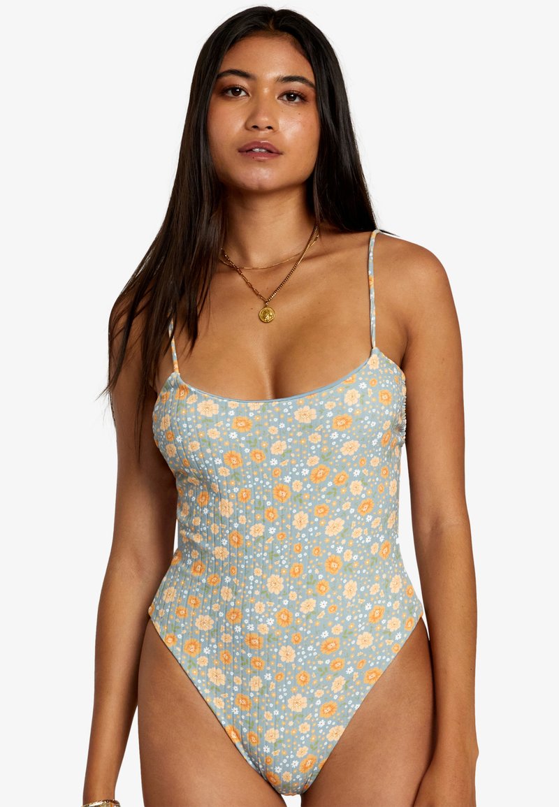 Patterned one-piece swimsuit in light blue, featuring orange and white floral designs, thin straps, and a high-cut leg shape.
