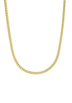 Collier en chaîne dorée avec un design de maillons interverrouillés épais, texture lisse et éclat constant. Convient à diverses occasions.