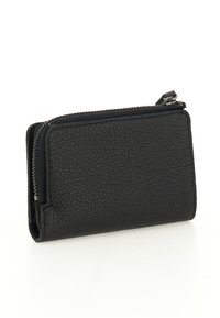 Portefeuille en cuir noir avec une surface texturée, fermeture éclair et forme rectangulaire compacte. Design minimaliste sans embellissements supplémentaires.