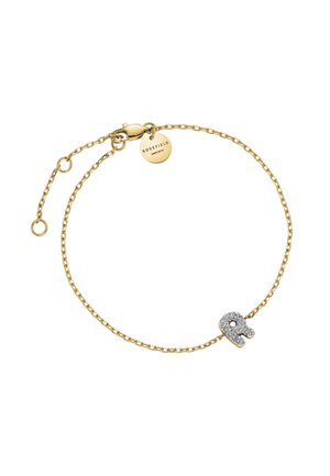 Zlatý náramek s dekorativním písmenem "R" ze stříbra s rhinestony, zajištěný sponou a značkovou visačkou.