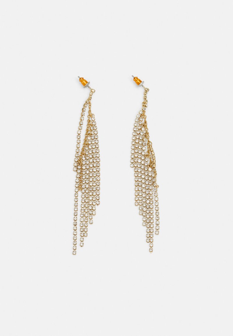 Φυλλαράκια από χρυσό τόνο με καταρράκτες αλυσίδων διακοσμημένων με διαυγή ρουμπίνια, με μια αμπέρινο σκουλαρίκι στη κορυφή. Υφή και μακρύ σχέδιο.