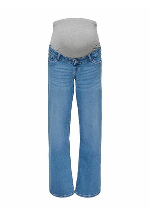 Blå graviditetsjeans med brede ben og en grå elastisk talje, der dækker maven, isoleret på hvid baggrund.