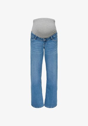 Blauwe zwangerschapsjeans met wijde pijpen en een grijze rekbare tailleband die de buik bedekt, geïsoleerd op een witte achtergrond.