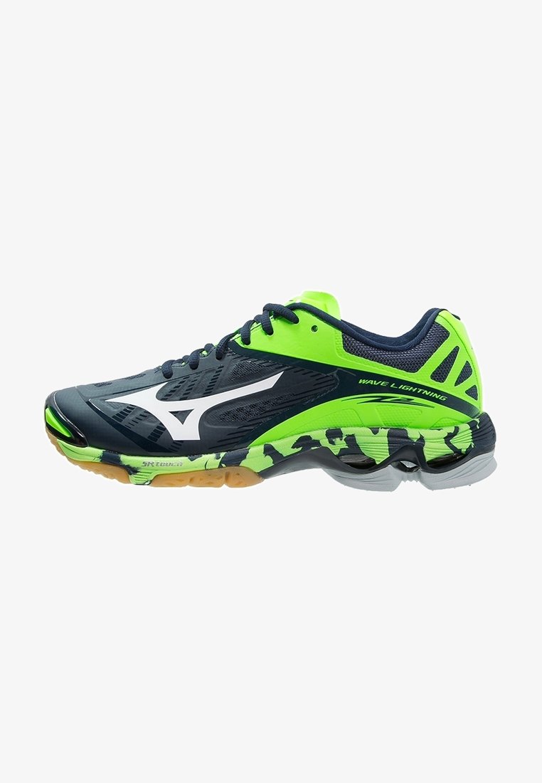 Chaussure de sport bleu foncé et vert néon avec des accents noirs et blancs, étiquetée « Wave Lightning », dotée d'une semelle à motifs et d'un design à lacets.