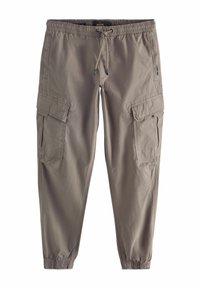 Cargo-Hosen aus hellbraunem Stoff, ausgestattet mit zwei seitlichen Cargo-Taschen, einem elastischen Bund mit Kordelzug und elastischen Bündchen an den Knöcheln.