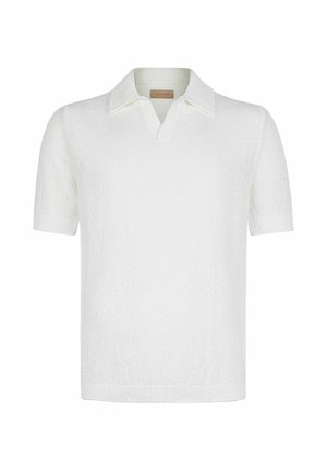 Hvid kortærmet tekstureret strikket skjorte med krave og V-formet halsudskæring.