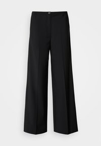 Black wide-leg trousers made from smooth fabric, featuring a front button closure, two pleats, and a relaxed silhouette.