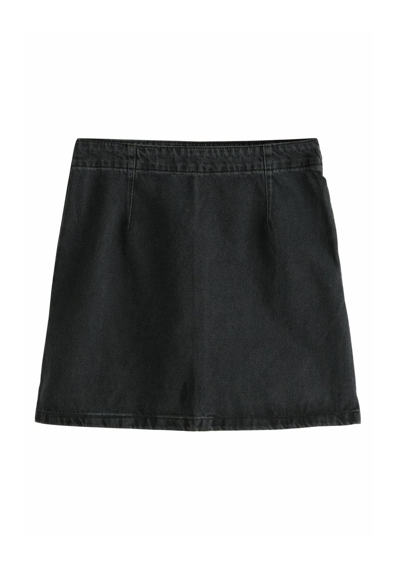 Black denim skirt with a straight cut, mid-thigh length, standard waistband, and two front pockets. No visible patterns or embellishments.