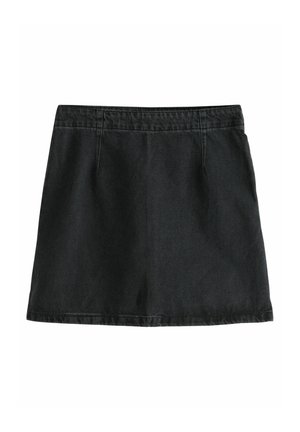 Juoda džinsinė sijonas tiesaus silueto, iki vidurio šlaunies ilgio, standartinio juosmens ir dviem priekiniams kišenėms. Nėra matomų raštų ar puošmenų.