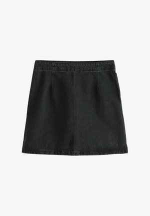 Black denim skirt with a straight cut, mid-thigh length, standard waistband, and two front pockets. No visible patterns or embellishments.