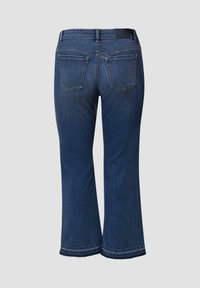 Ciemnoniebieskie, rozszerzane dżinsy z pięcioma kieszeniami, haftowanym paskiem i wykończonymi krawędziami, wykonane z denimu, prezentujące klasyczny design.