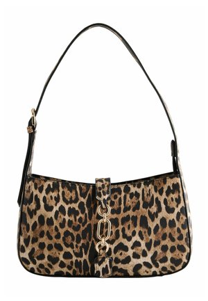 Schultertasche mit Leopardenmuster und goldener Kettendetail auf der Vorderseite, mit einem dünnen verstellbaren Riemen.