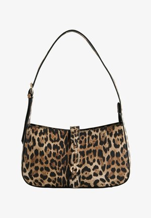 Schultertasche mit Leopardenmuster und goldener Kettendetail auf der Vorderseite, mit einem dünnen verstellbaren Riemen.
