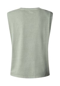 Ærmeløs lysegrå top med rund hals, løs pasform og lige kant, vist bagfra.