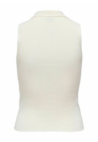 Top senza maniche di colore crema a coste con colletto polo, caratterizzato da una vestibilità aderente e una texture liscia. Nessun motivo o dettaglio hardware visibile.