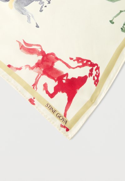 Γωνία από φωτεινό ύφασμα με κόκκινες σιλουέτες δύο χορευτικών μορφών σε υδατογραφία και μπεζ περίγραμμα, με την επωνυμία "STINE GOYA".