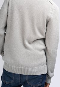 Light gray knit sweater with a textured finish, featuring a ribbed hem and cuffs, worn over blue denim jeans. Back view displayed.