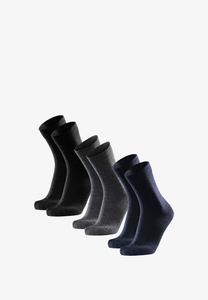 Cinq paires de chaussettes montantes de couleur sombre : noir, gris anthracite et bleu marine. Elles ont une texture côtelée et un design de pointe sans coutures.