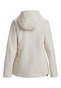 Hellbeige Kapuzenjacke aus glattem Material, mit einem Rückennaht-Design, Reißverschlusstaschen an den Seiten und einem Markenlogo-Tag am Saum.