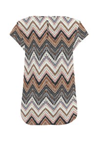 Robe à manches courtes avec un motif zigzag en marron, noir, blanc et rose, dotée d'un col rond et d'une fermeture à bouton dans le dos.