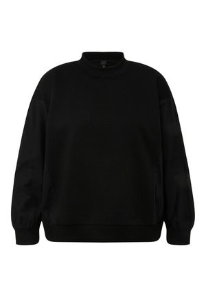 Sudadera negra con cuello alto, mangas largas y puños acanalados. Tela de algodón suave con un corte holgado, que incluye aberturas laterales para mayor comodidad.