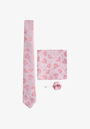 Pink necktie, pocket square, and flower lapel pin set with matching floral pattern on a light pink background.