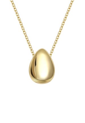Gold pendant necklace featuring a smooth, rounded teardrop shape, attached to a delicate chain with linked design.