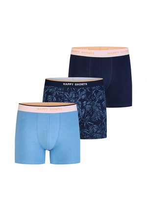 Drei Herren-Boxershorts in einfarbigem Hellblau, Marineblau mit Blattmuster und einfarbigem Marineblau, jeweils mit einem pfirsichfarbenen Bund mit der Aufschrift "HAPPY SHORTS".
