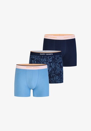 Drei Herren-Boxershorts in einfarbigem Hellblau, Marineblau mit Blattmuster und einfarbigem Marineblau, jeweils mit einem pfirsichfarbenen Bund mit der Aufschrift "HAPPY SHORTS".