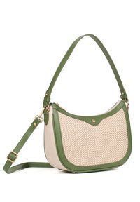 Borsa a tracolla verde e beige con pannello frontale intrecciato, dettagli in pelle liscia, tracolla regolabile e costume in oro.
